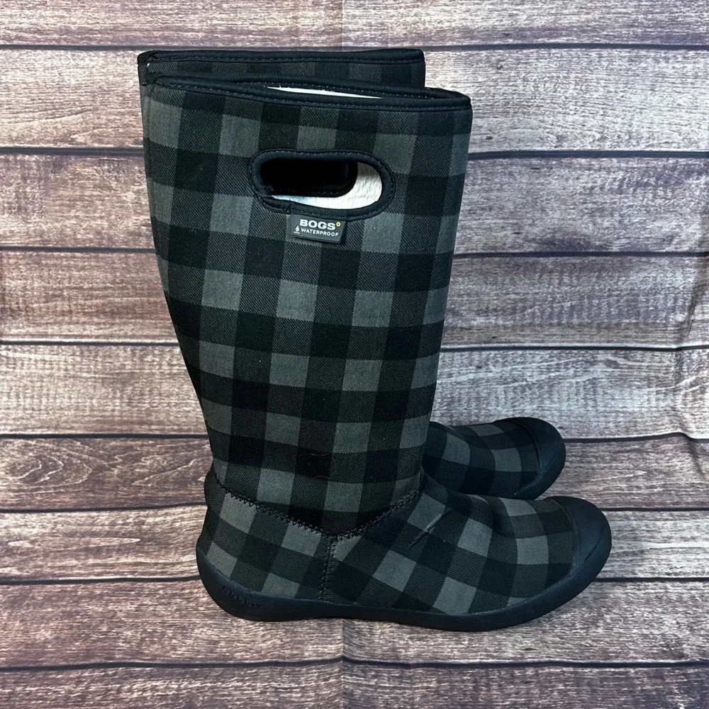 Bogs Summit Buffalo Plaid Waterproof Tall Boots Charcoal Black Womens 10